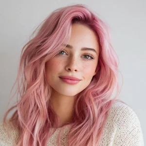 miling woman with soft pastel pink hair coloured using Smart Beauty Pastel Pink Hair Dye with Plex Care – vegan, cruelty-free semi-permanent hair colour made in the UK for a luminous, salon-quality finish