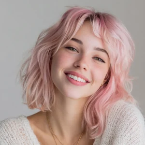 woman with soft pastel pink hair coloured using Smart Beauty Pastel Pink Hair Dye with Plex Care – vegan, cruelty-free semi-permanent hair colour made in the UK for a luminous, salon-quality finish
