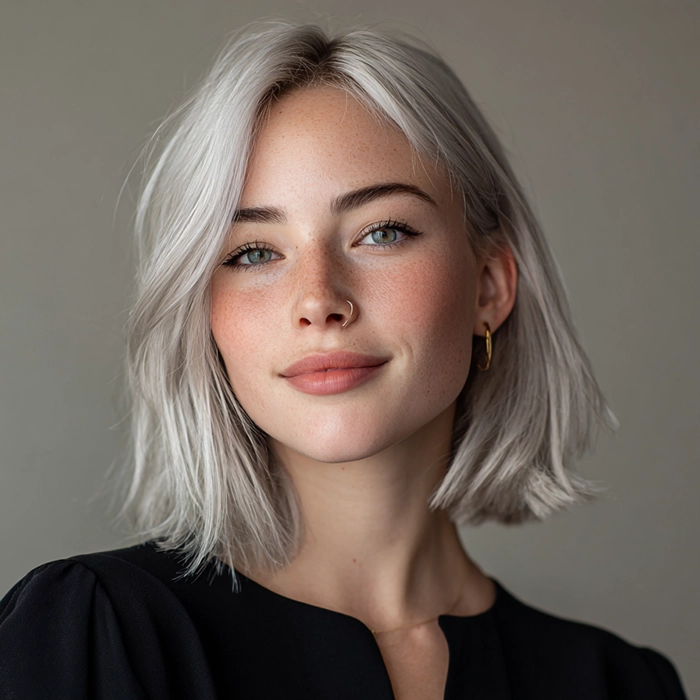 Smiling woman with soft pastel silver hair coloured using Smart Beauty Pastel Silver Hair Dye with Plex Care – vegan, cruelty-free semi-permanent hair colour made in the UK for a luminous, salon-quality shine.
