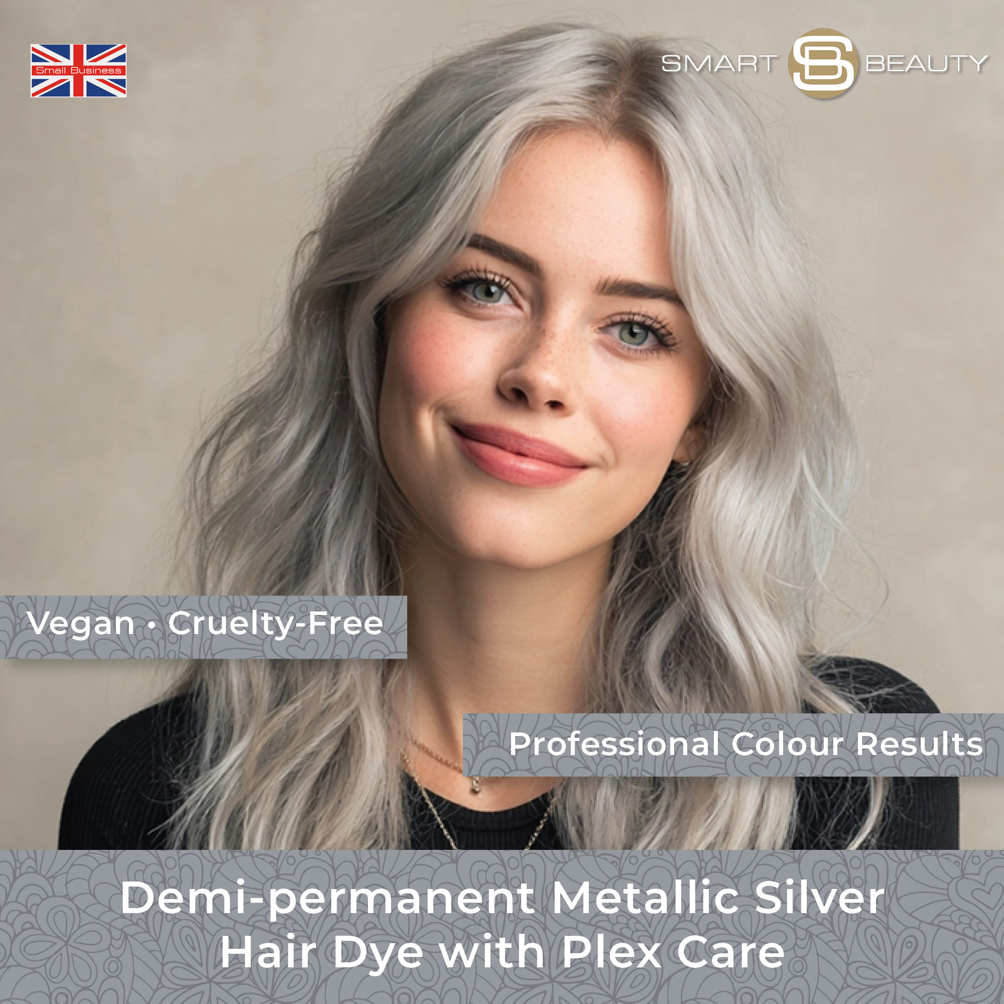 Smart Beauty Demi-Permanent Metallic Silver Hair Dye with Plex Care – vegan and cruelty-free colour that delivers professional silver tones and smooth, glossy results made in the UK