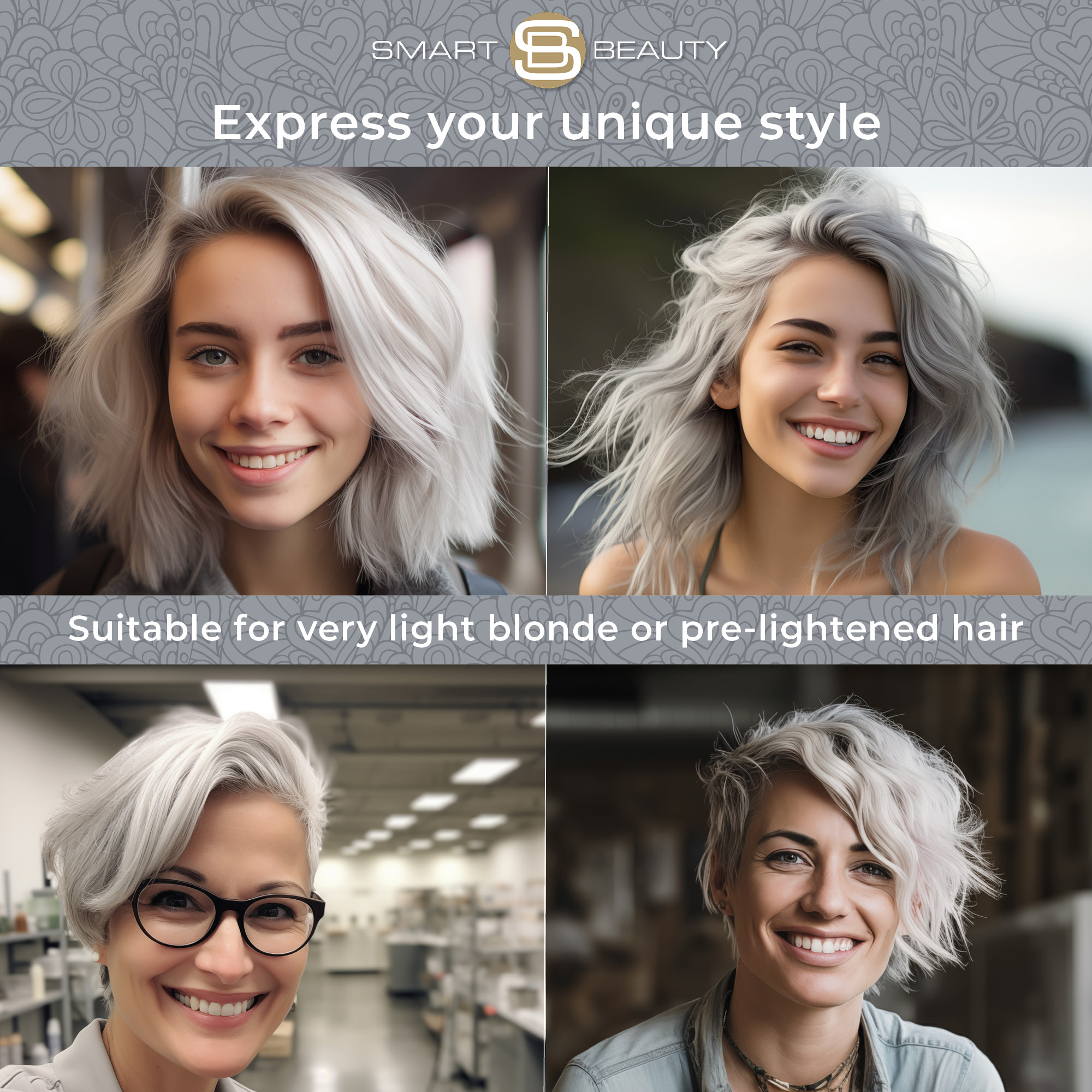 Smart Beauty Metallic Silver Hair Dye – designed for very light blonde or pre-lightened hair, creating radiant silver tones with a modern, stylish finish.
