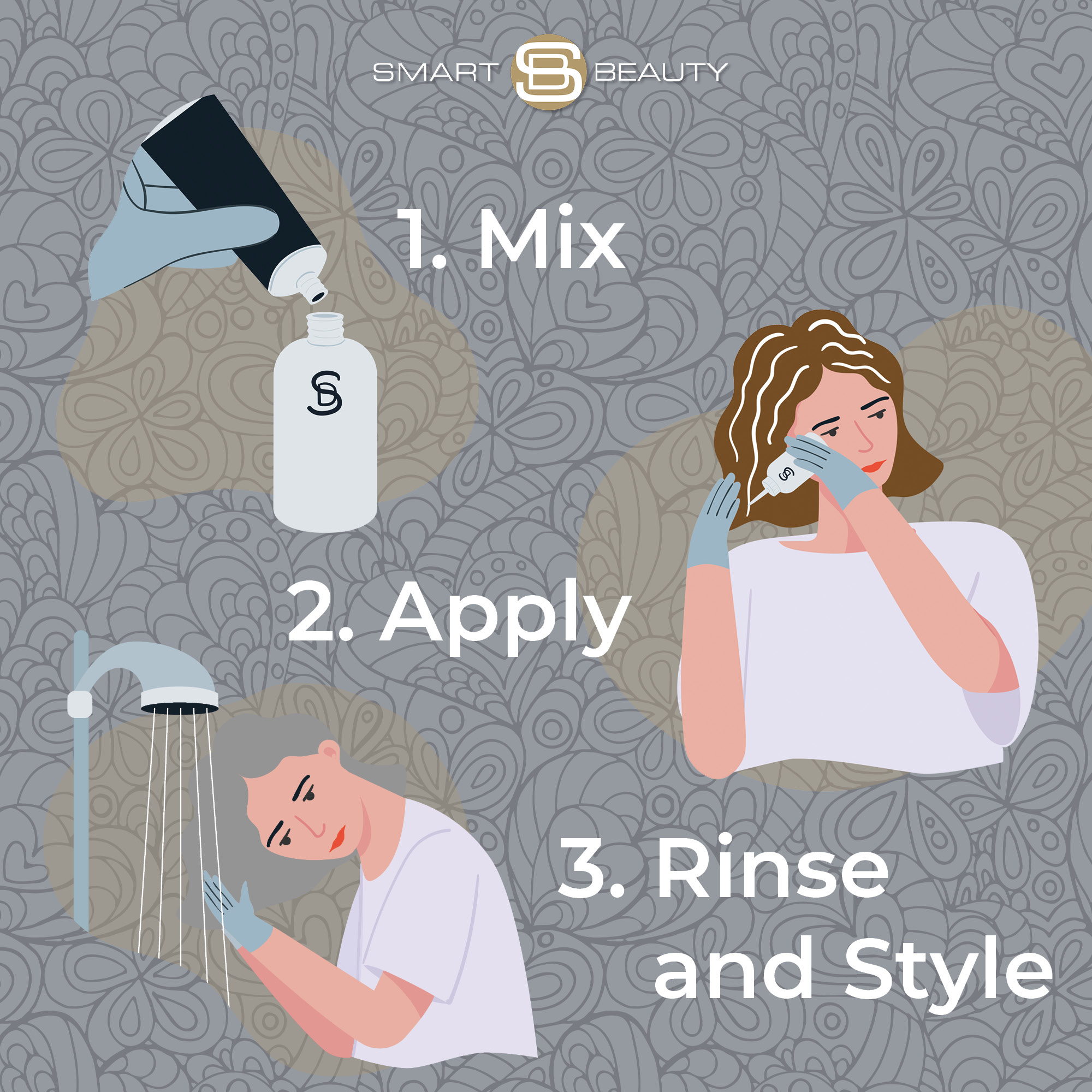 Smart Beauty Metallic Silver Hair Dye application guide – simple 3-step process to mix, apply, and rinse for professional salon-quality colour at home.