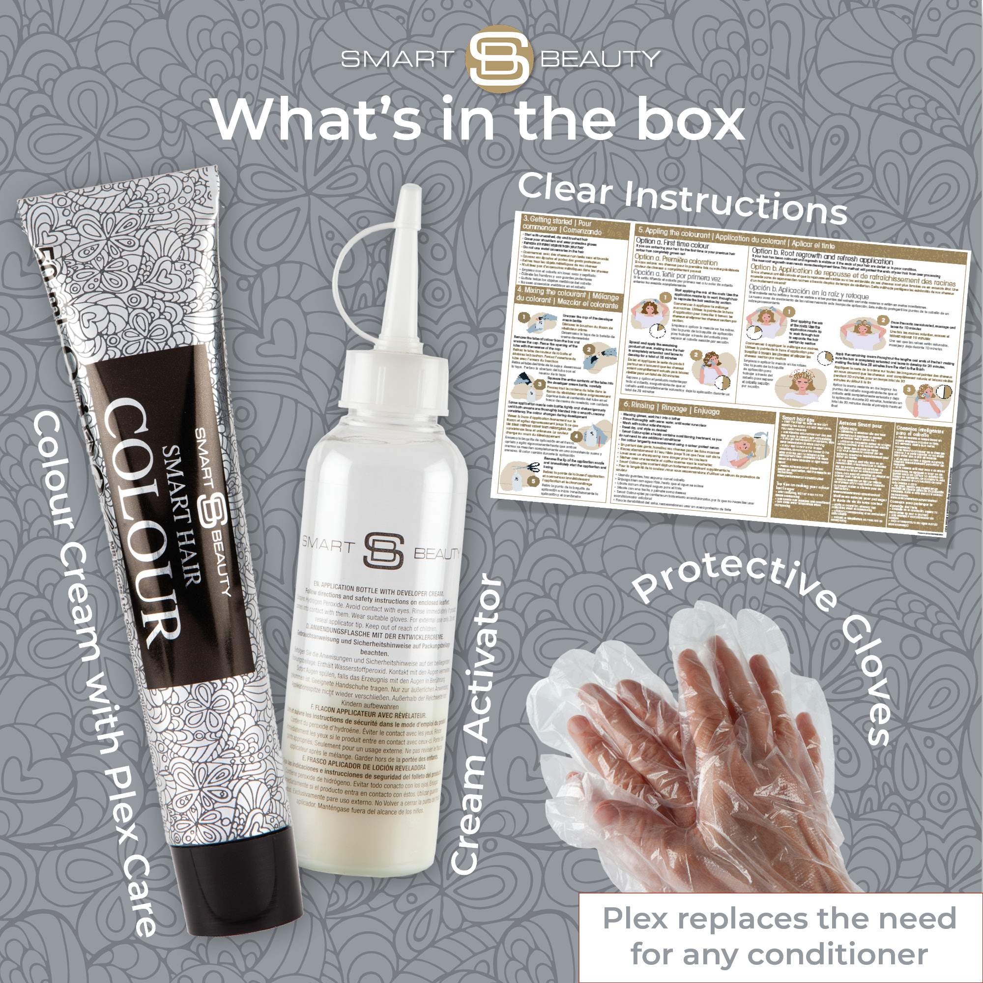 Smart Beauty Metallic Silver Hair Dye kit contents – includes colour cream with Plex Care, cream activator, gloves, and easy-to-follow instructions for home hair colouring.