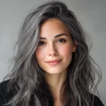 Smiling woman with sleek graphite grey hair coloured using Smart Beauty Graphite Grey Hair Dye with Plex Care – vegan, cruelty-free permanent hair colour made in the UK for a modern, salon-quality finish.