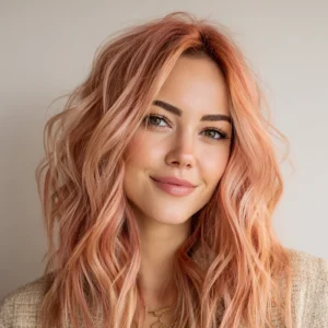 Smiling woman with soft rose gold hair coloured using Smart Beauty Rose Gold Hair Dye with Plex Care – vegan, cruelty-free permanent hair colour made in the UK for radiant shine and silky finish