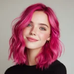 Smiling woman with vivid carmine pink hair coloured using Smart Beauty Carmine Pink Hair Dye with Plex Care – vegan, cruelty-free semi-permanent hair colour made in the UK for bold, salon-quality results