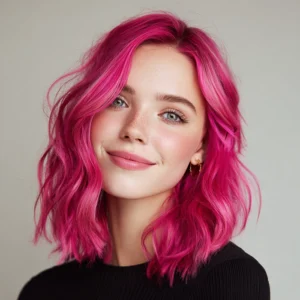 Smiling woman with vivid carmine pink hair coloured using Smart Beauty Carmine Pink Hair Dye with Plex Care – vegan, cruelty-free semi-permanent hair colour made in the UK for bold, salon-quality results