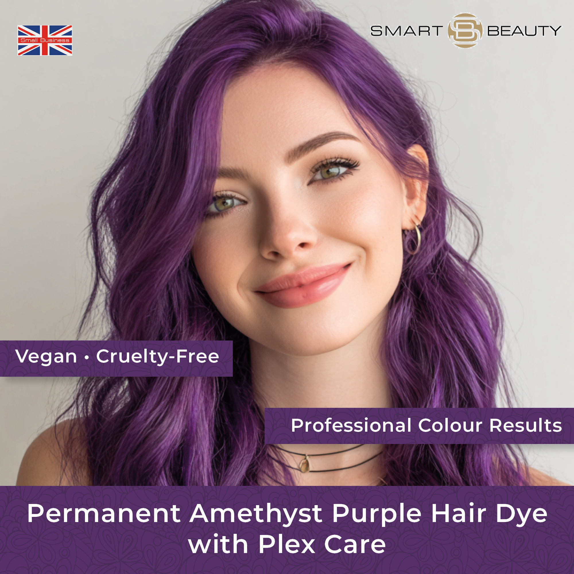 Smiling woman with vibrant amethyst purple hair coloured using Smart Beauty Permanent Amethyst Purple Hair Dye with Plex Care – vegan and cruelty-free professional hair colour made in the UK
