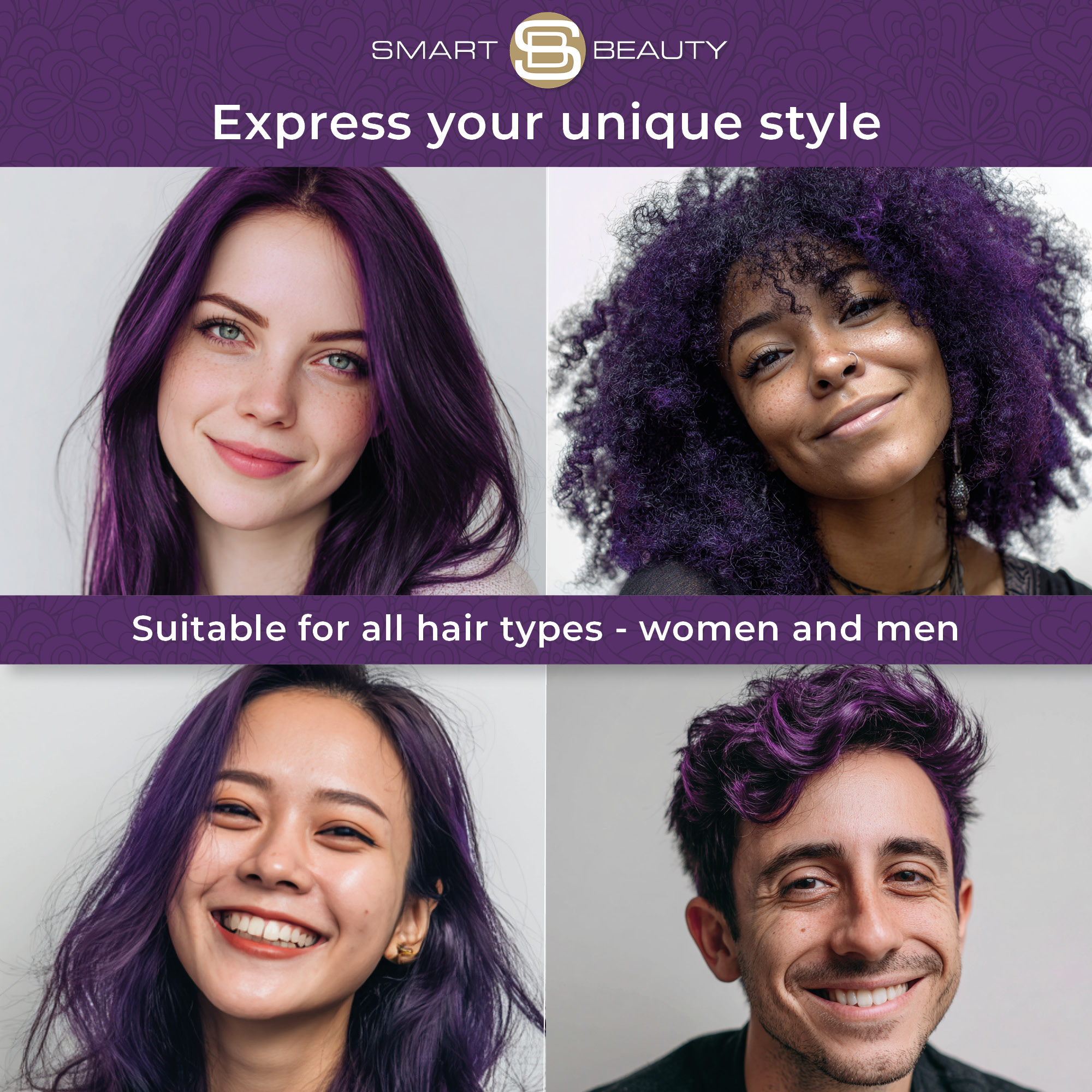 Smart Beauty Amethyst Purple Hair Dye results on diverse men and women with different hair types – rich, vibrant purple colour that expresses unique style and suits all hair textures.