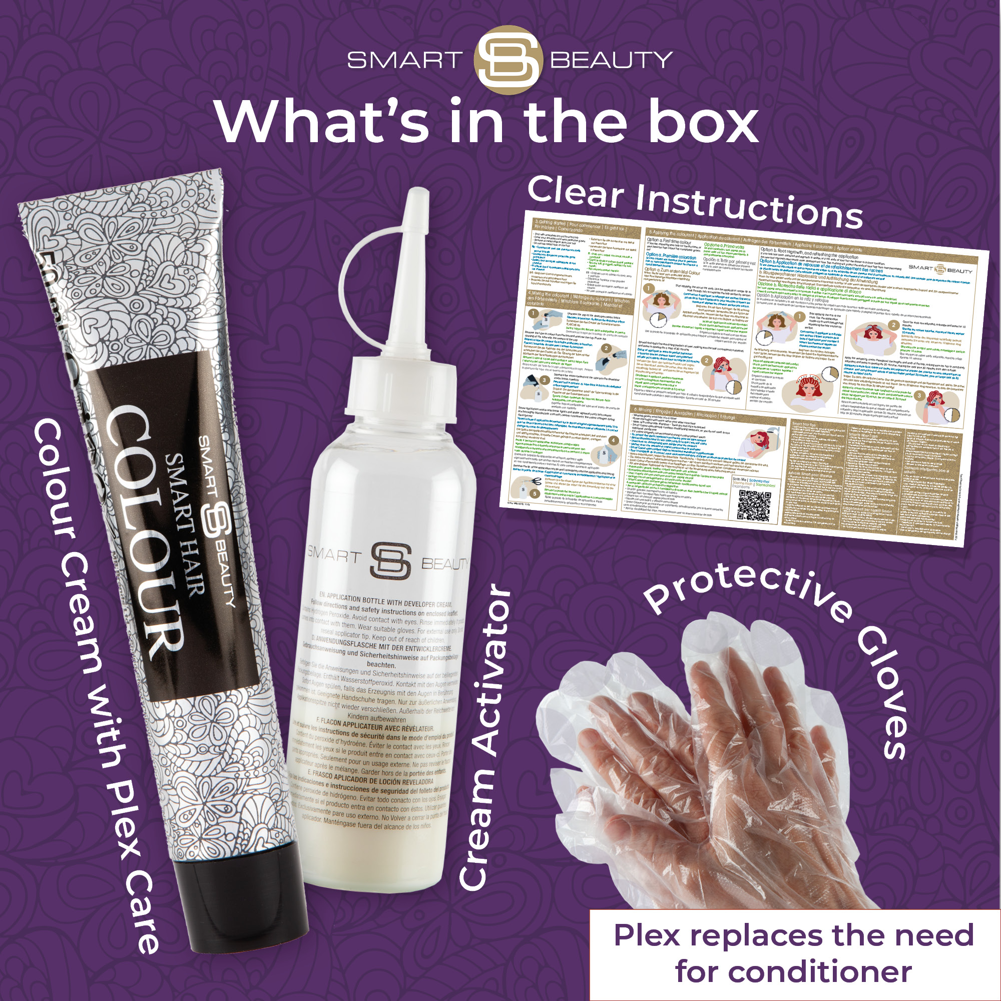 Smart Beauty Amethyst Purple Hair Dye box contents – includes colour cream with Plex Care, cream activator, protective gloves, and clear step-by-step instructions. Plex replaces the need for conditioner.