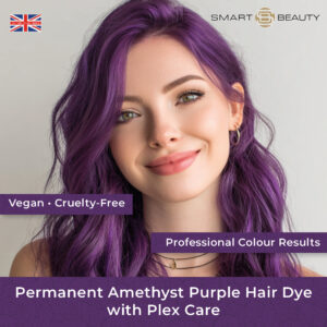 Smiling woman with vibrant amethyst purple hair coloured using Smart Beauty Permanent Amethyst Purple Hair Dye with Plex Care – vegan and cruelty-free professional hair colour made in the UK