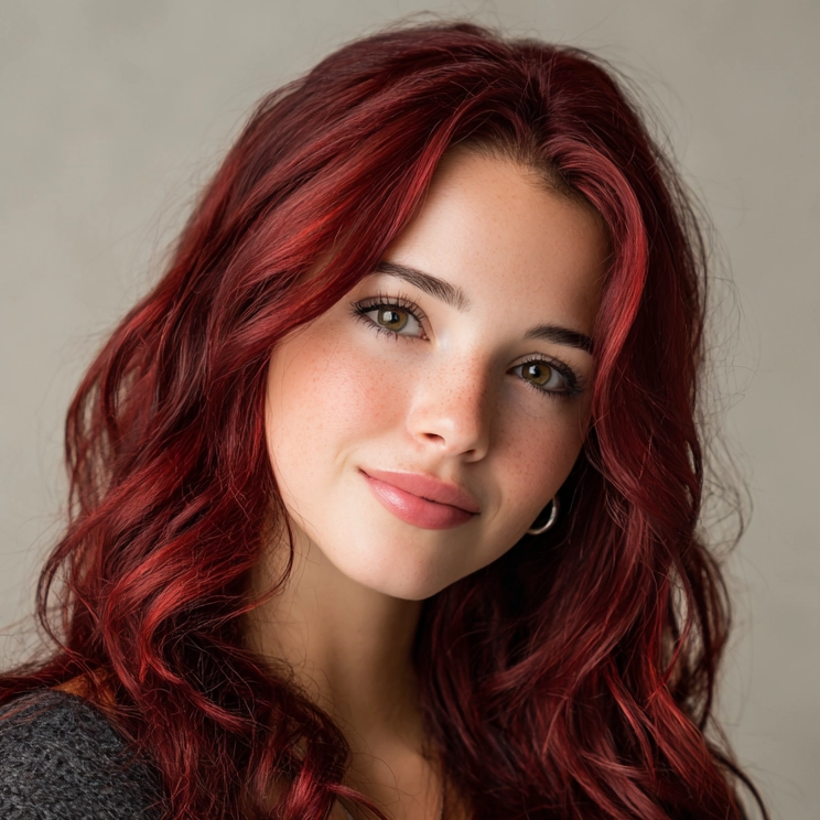 Smiling woman with deep rich red hair coloured using Smart Beauty Rich Red Hair Dye with Plex Care – vegan, cruelty-free permanent hair colour made in the UK for vibrant, salon-quality results.