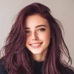 Smiling woman with rich plum purple hair coloured using Smart Beauty Plum Hair Dye with Plex Care – vegan, cruelty-free permanent hair colour made in the UK for glossy, salon-quality results.