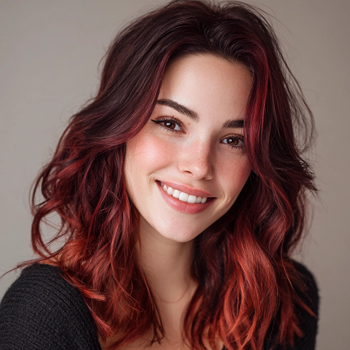 Smiling woman with dark red hair and vibrant red highlights coloured using Smart Beauty Red Highlights Hair Dye with Plex Care – vegan, cruelty-free home hair colour made in the UK for salon-quality shine