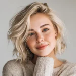 Smiling woman with soft creamy blonde hair coloured using Smart Beauty Creamy Blonde Hair Dye with Plex Care – vegan, cruelty-free permanent hair colour made in the UK for a silky, salon-quality finish.