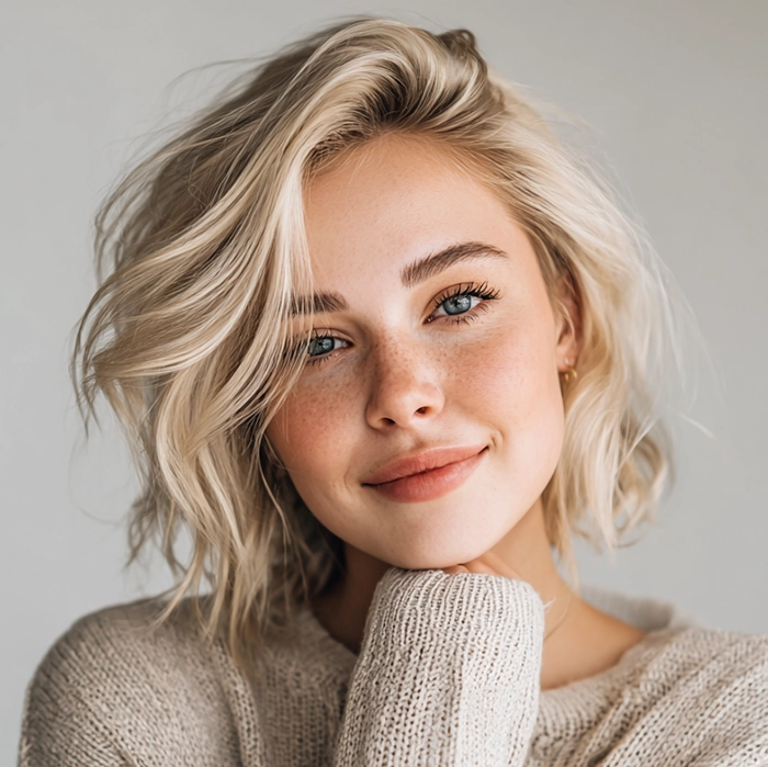 Smiling woman with soft creamy blonde hair coloured using Smart Beauty Creamy Blonde Hair Dye with Plex Care – vegan, cruelty-free permanent hair colour made in the UK for a silky, salon-quality finish.