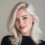 Smiling woman with radiant platinum blonde hair coloured using Smart Beauty Platinum Blonde Hair Dye with Plex Care – vegan, cruelty-free permanent hair colour made in the UK for a bright, salon-quality finish.