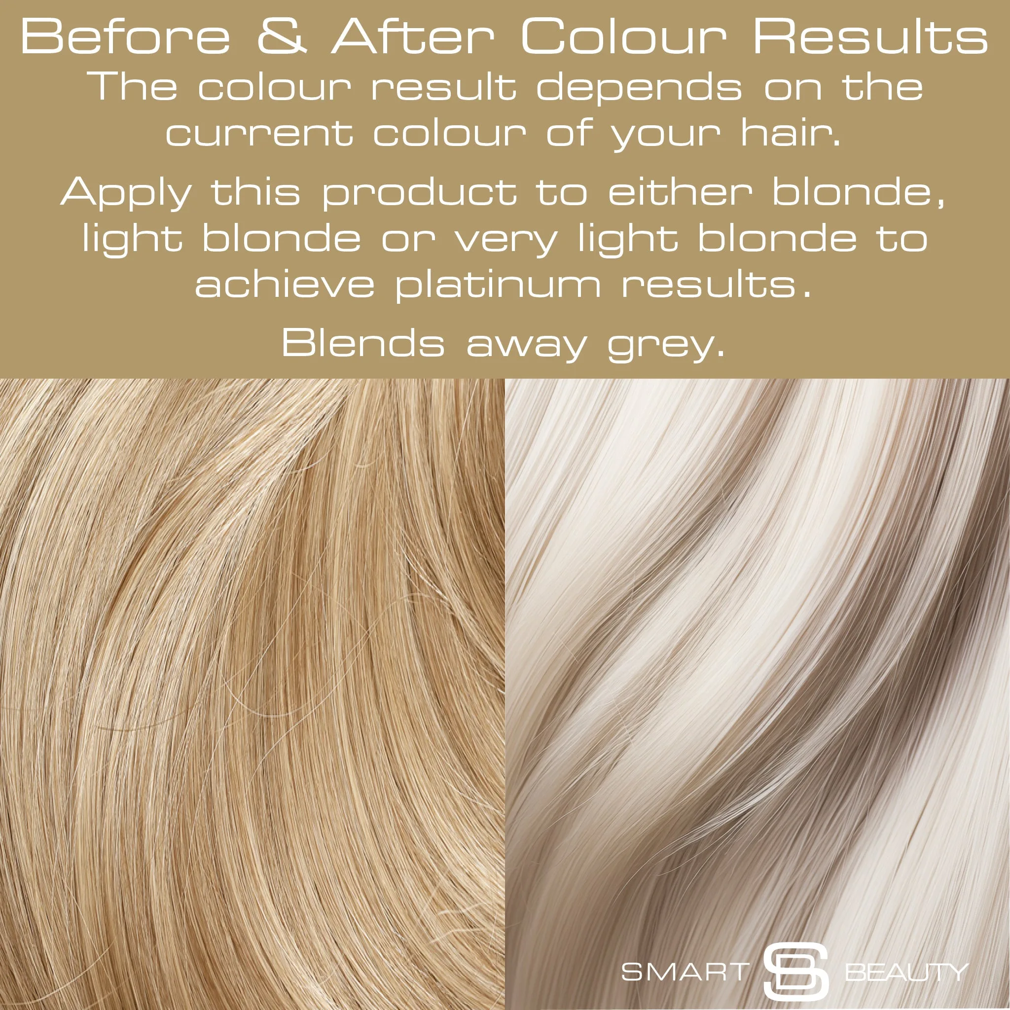 Before and after results of using Smart Beauty Platinum Blonde Hair Dye, showcasing a healthy, sleek platinum blonde result.