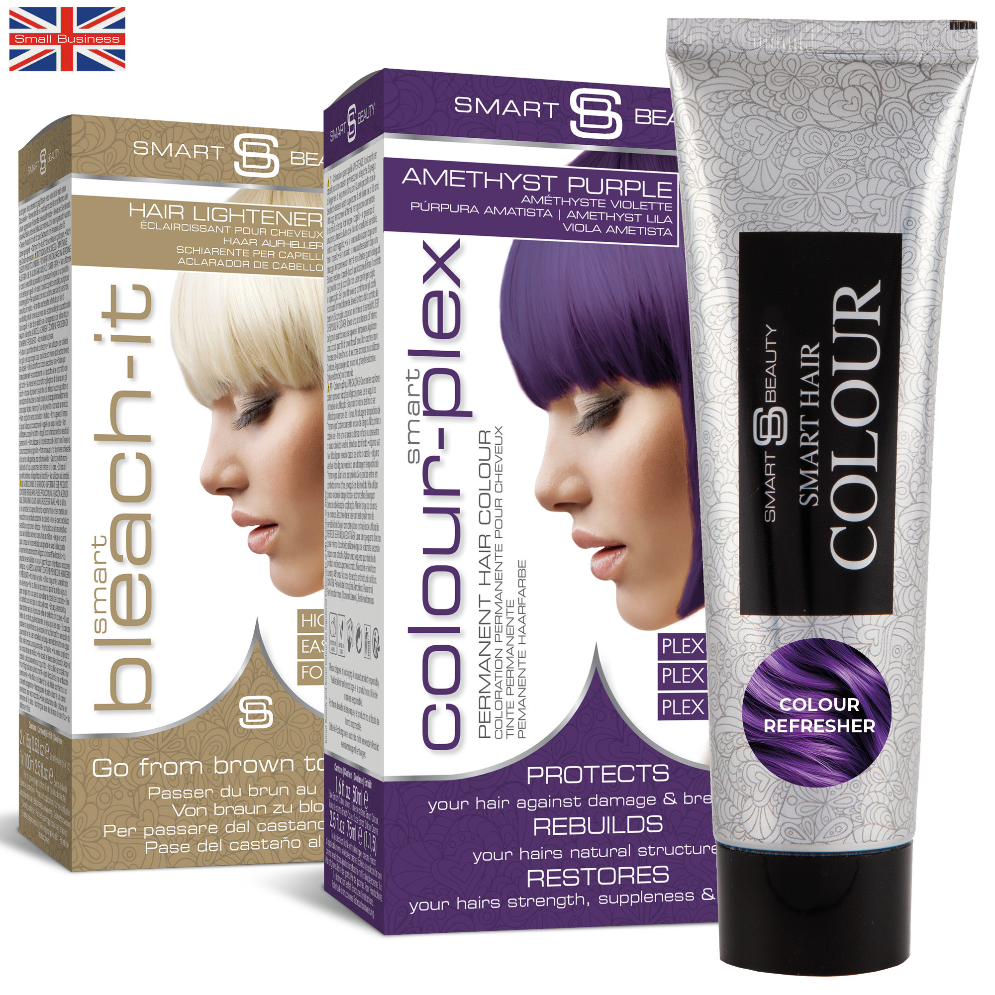Starter Bundle Pack - Bleach Kit & Amethyst Purple Hair Dye & Refresher - Hair Lightener, Permanent Hair Colour with Maintenance Colour Booster
