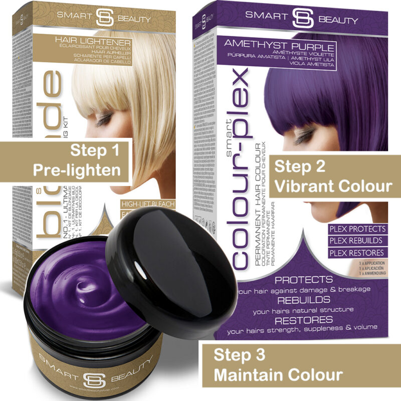 Bundle Pack – Amethyst Purple Permanent Hair Dye + Colour Refresher Cream + Smart Blonde Hair Lightener Kit