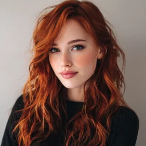 Smiling woman with glossy copper brown hair coloured using Smart Beauty Permanent Copper Brown Hair Dye with Plex Care – vegan, cruelty-free home hair colour made in the UK