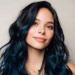 Smiling woman with deep sapphire blue-black hair coloured using Smart Beauty Sapphire Black Hair Dye with Plex Care – vegan, cruelty-free permanent hair colour made in the UK for glossy results