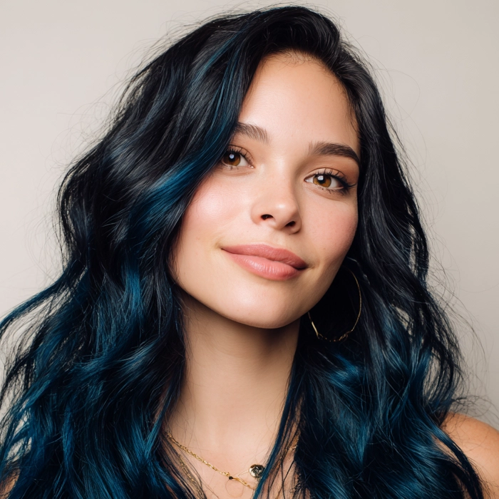 Smiling woman with deep sapphire blue-black hair coloured using Smart Beauty Sapphire Black Hair Dye with Plex Care – vegan, cruelty-free permanent hair colour made in the UK for glossy results
