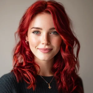 Smiling woman with vibrant Hollywood Red hair coloured using Smart Beauty Permanent Red Hair Dye with Plex Care – vegan, cruelty-free hair colour made in the UK for glossy salon-quality results