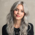 Smiling woman with shimmering silver hair coloured using Smart Beauty Metallic Silver Hair Dye with Plex Care – vegan, cruelty-free permanent hair colour made in the UK for salon-quality shine.