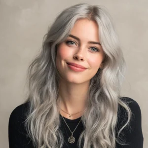 Smiling woman with shimmering silver hair coloured using Smart Beauty Metallic Silver Hair Dye with Plex Care – vegan, cruelty-free permanent hair colour made in the UK for salon-quality shine.